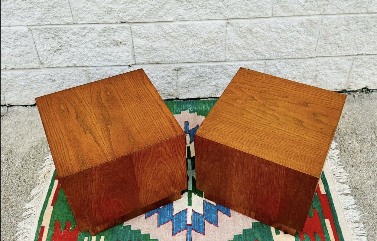 Pair of Walnut Mid Century Modern Cube Shape Side End Tables Plinth Base