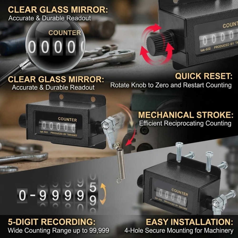 Mechanical Counter 5 Digit 0-99 Mechanical Resettable Counting Reset Function