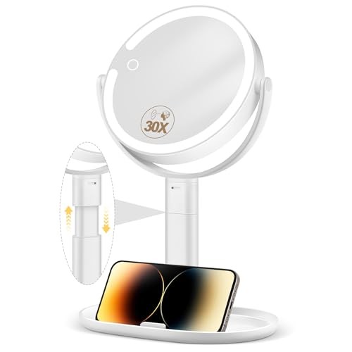 Makeup Mirror with Lights, 30X Magnifying & Height Adjustable, Lighted Withe