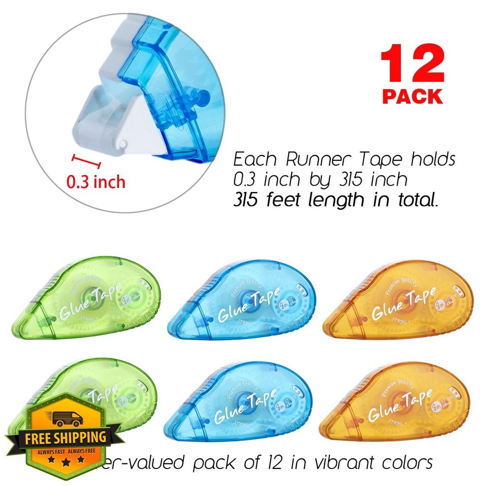 Double Sided Tape Roller Runner 12pk Permanent Adhesive Crafts