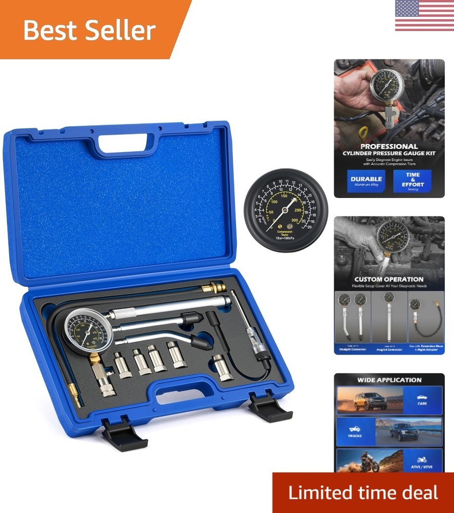 Complete Cylinder Compression Tester Set - Spark Plug Tester & Precision Gauge