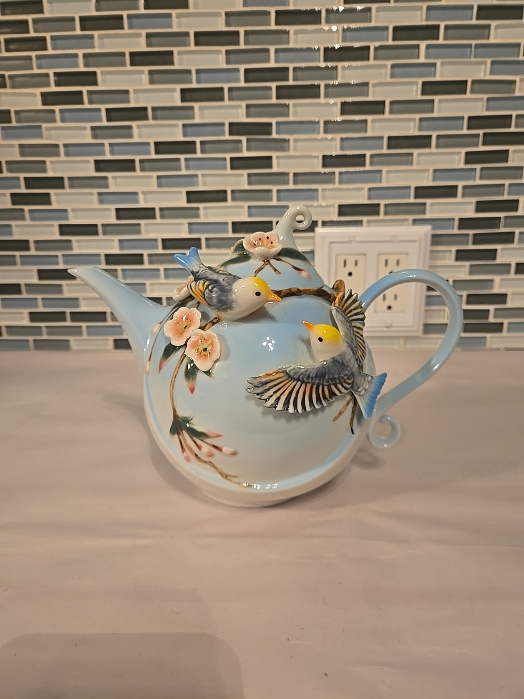 Pier 1 Imports Hand Painted Porcelain 3D Decorative Teapot Birds Flowers 7”