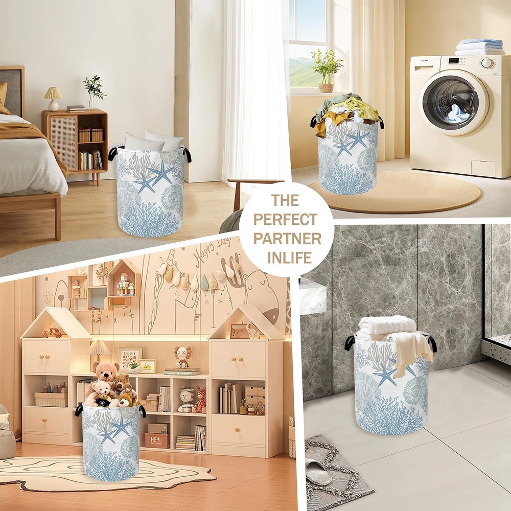 Collapsible Laundry Basket,Coastal Beach Dirty Clothes Hamper,Shell Starfish ...