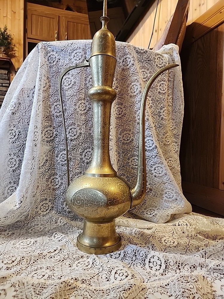 Large Etched Antique Middle Eastern Solid Brass Tea Coffee Pot Pitcher Vase 18IN