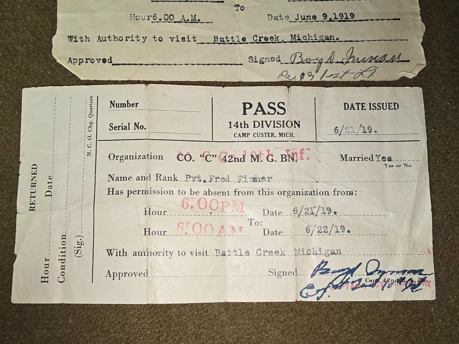 WWI US Army Passes named to Private Fred Fisher Dated 1919