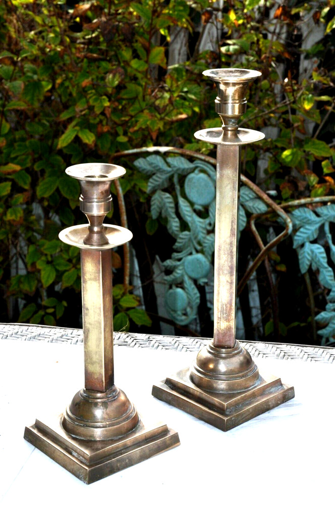 Vintage Pair of Solid Brass Candlestick Holders Square Footed Base India