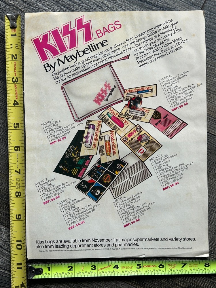 KISS Ad Advert Kiss Maybelline Bags Set Australia 1980 Vintage Kiss Aucoin