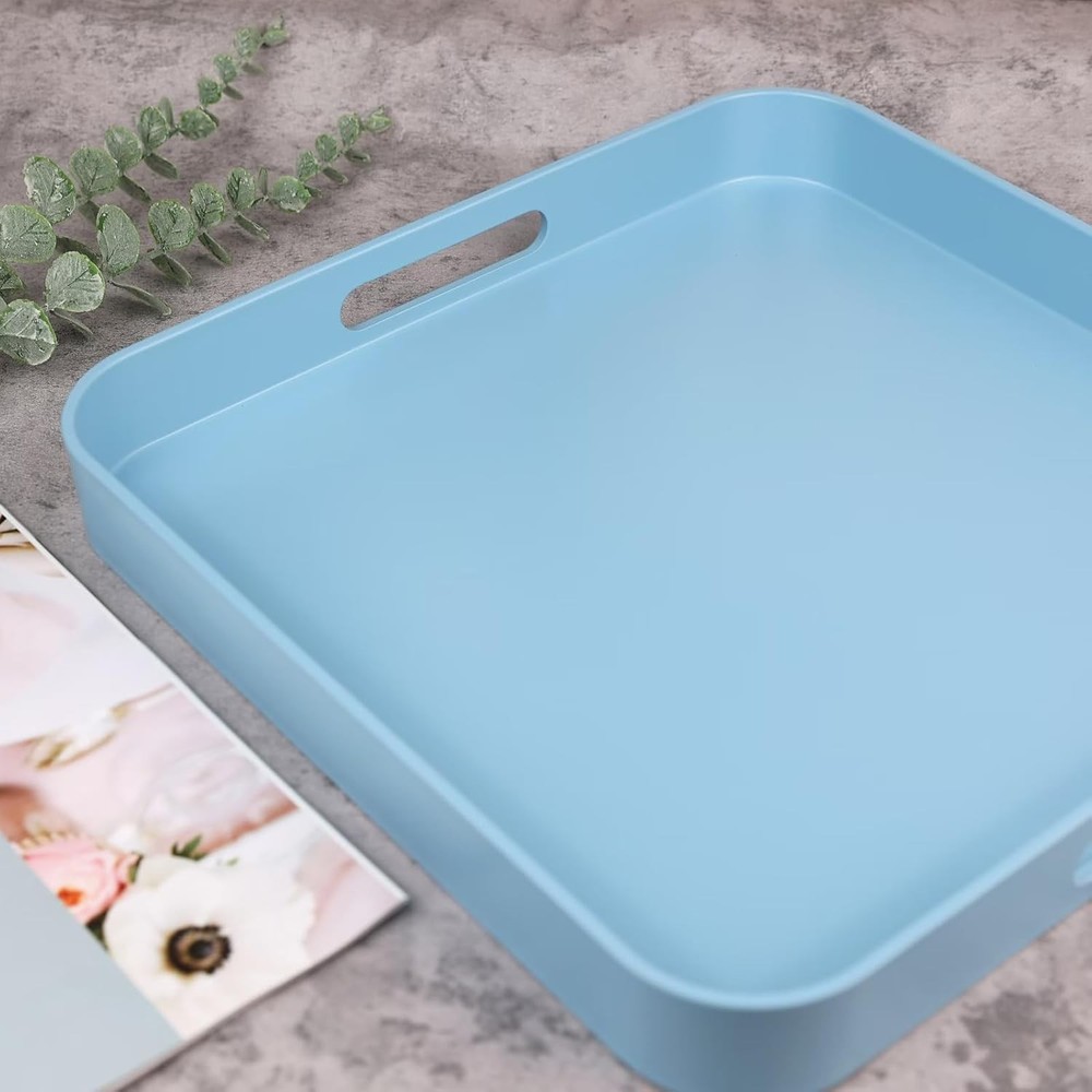 Square Blue Decorative Serving Tray with Handles, Versatile Ottoman