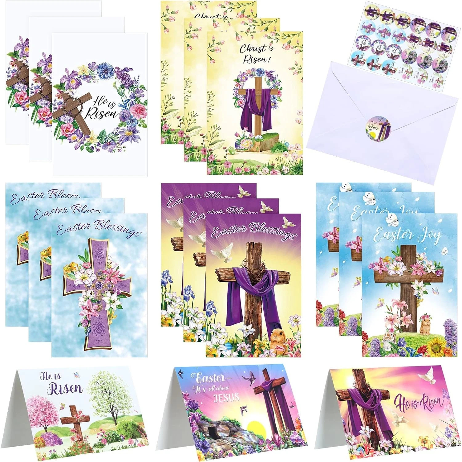 Easter Greeting Card Set with Envelopes and Stickers - 24 Religious Cards