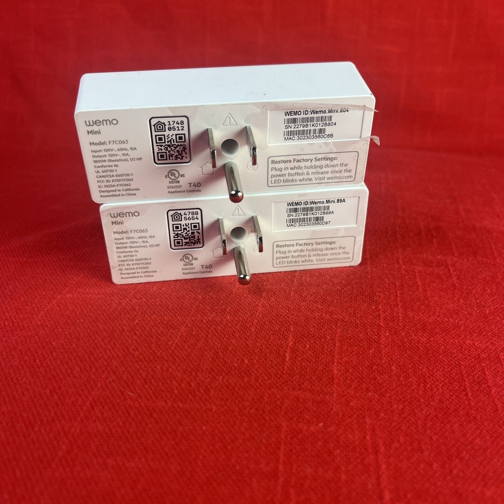 WeMo Mini Wi-Fi Enabled Smart Plug White Model F7C063 2 PACK