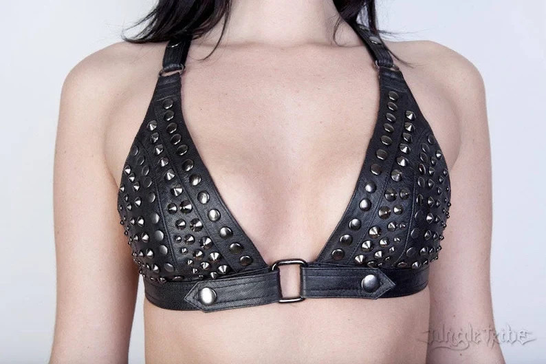 Full Stud Leather Bra with Suede Lining adjustment Cross Over Back