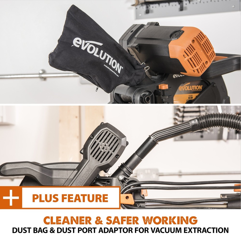 Evolution R255SMS-DB+: Dual Bevel Sliding Miter Saw With 10 in. Multi-Material C