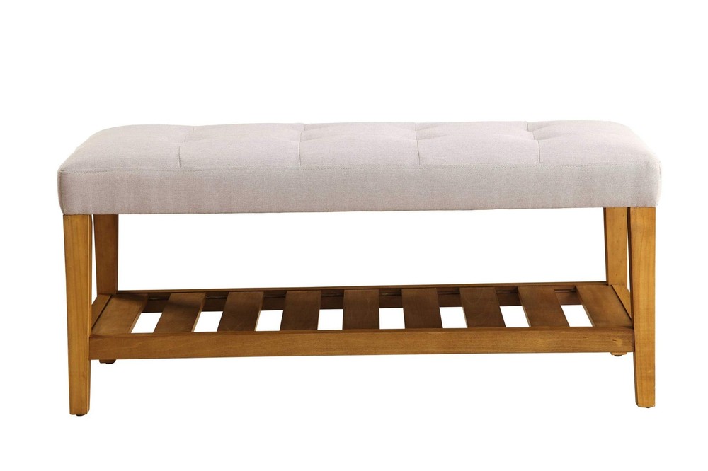40 Light Gray and Brown Upholstered Polyester Bench with Shelves