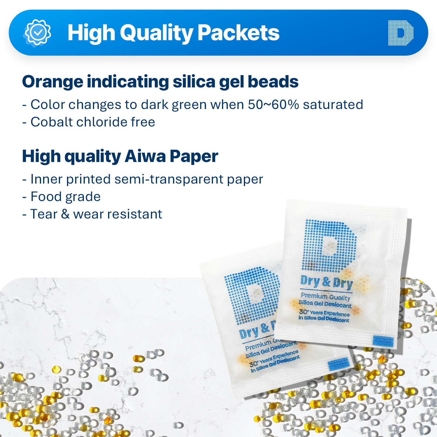 3 gram X 50 PK "Dry & Dry" Food Grade Orange Indicating Silica Gel Packets