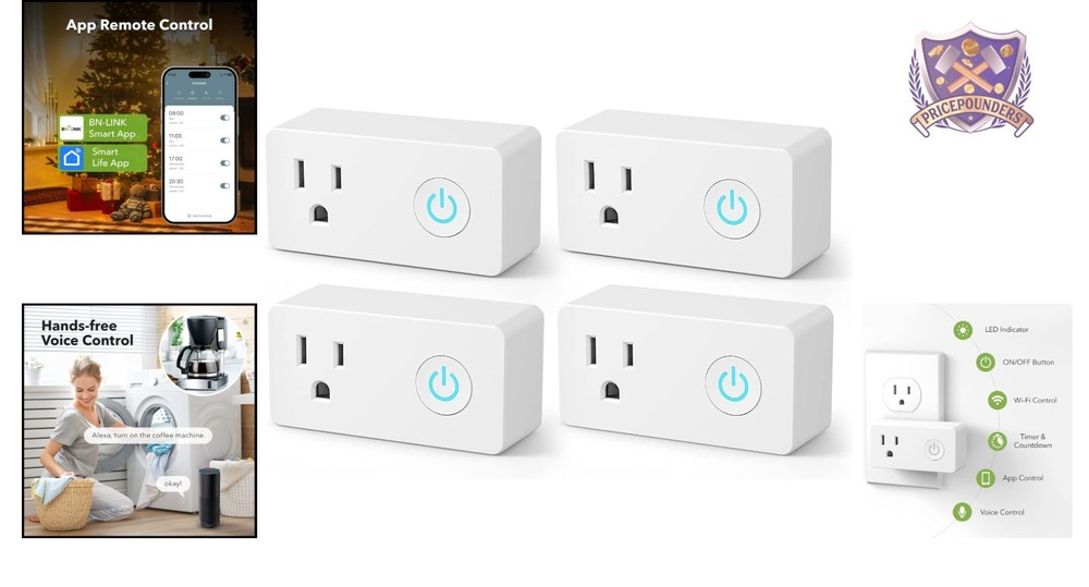 WiFi Smart Plug Outlet 15A 125V Timer Voice Control No Hub 4 Pack