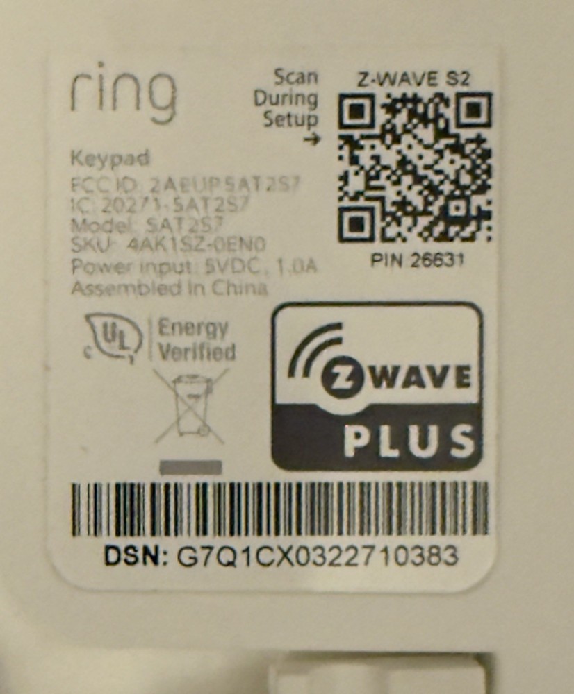 Ring Security Keypad SAT2S7 Z-Wave Plus Wireless White Wall Plug-In