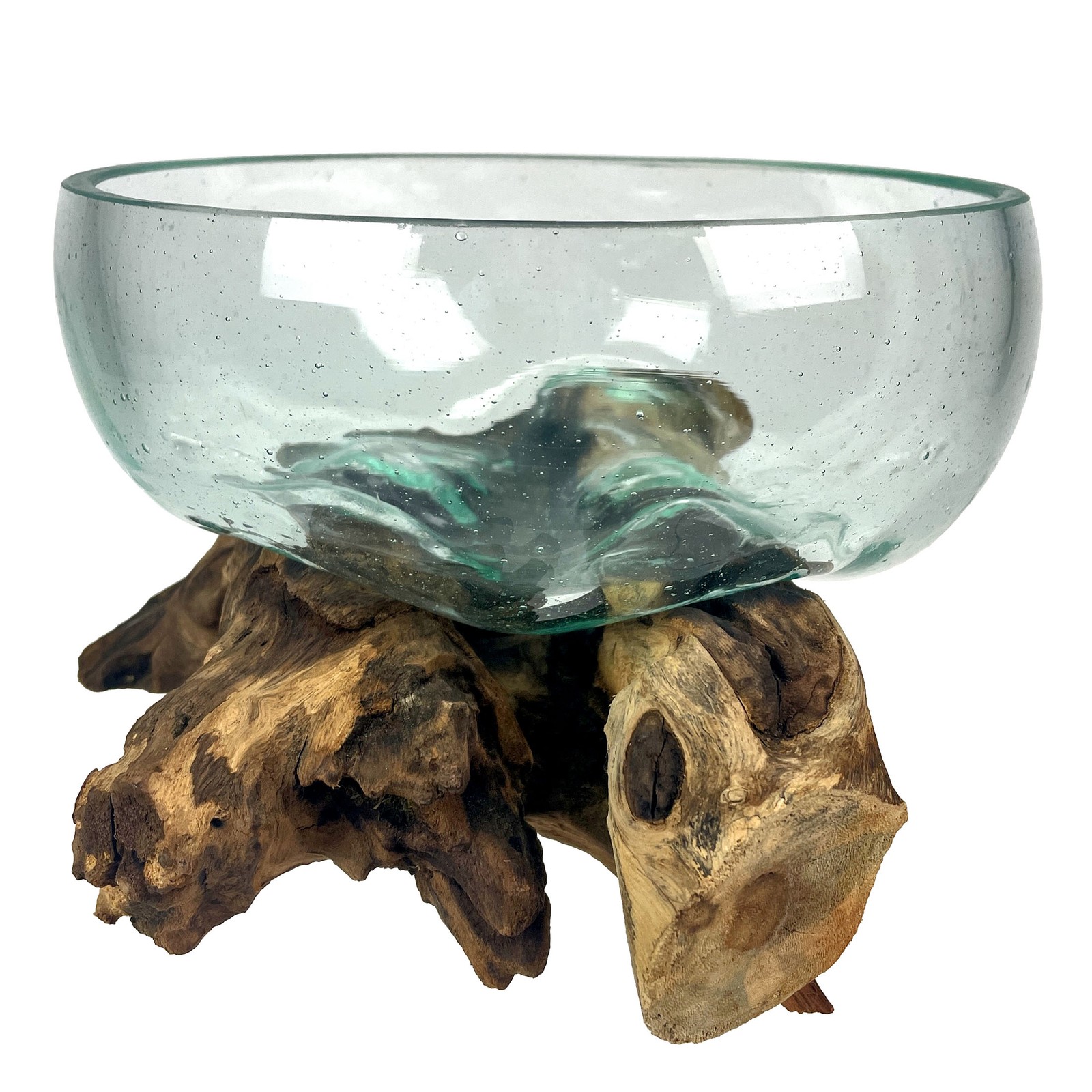 Molten Glass Bowl on Driftwood 10" Hand Blown Decorative Centerpiece Planter