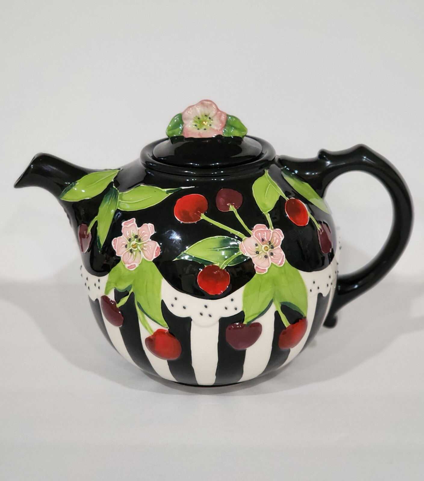 Blue Sky ICING ON THE CAKE Cherry Teapot Ceramic Floral Black White Engelbreit