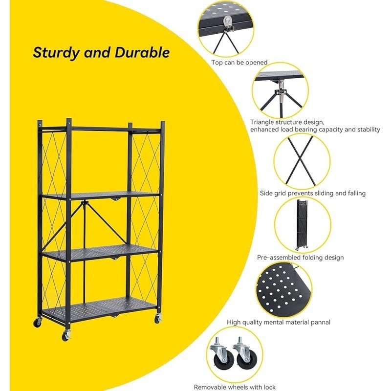 Folding 4-Tier Storage Shelf Rolling Utility Rack Kitchen Garage Organization US