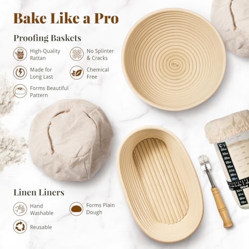 Sourdough Starter Kit - 9" & 10" Proofing Baskets, Jar & Baking Tools Set
