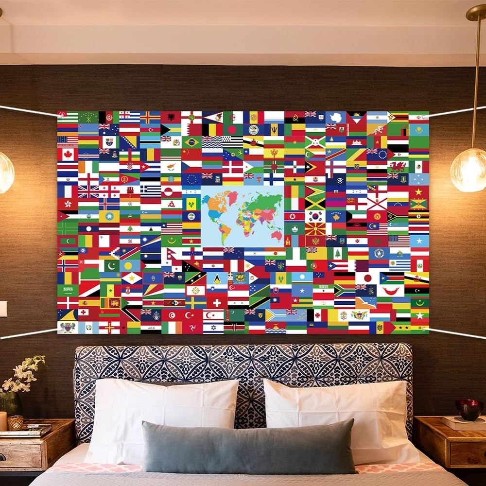 World Flags Banner - 5x3ft Polyester International Flag Backdrop with String ...