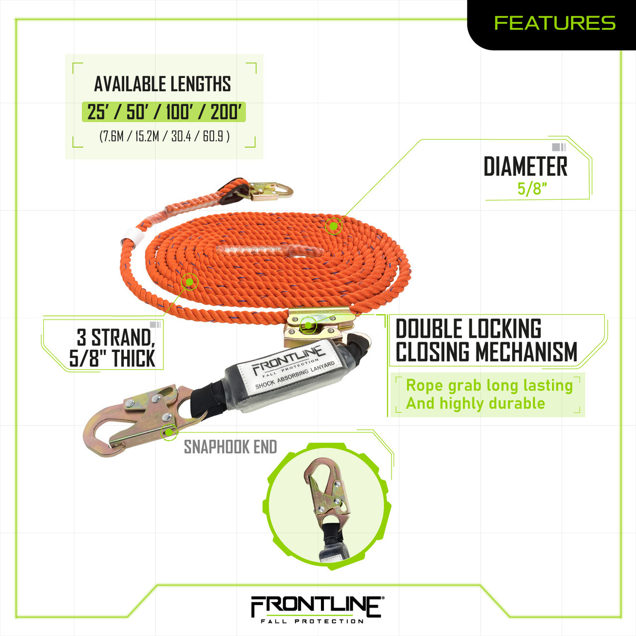 Frontline Premium Vertical Lifeline with Openable Rope Grab & Shock Pack
