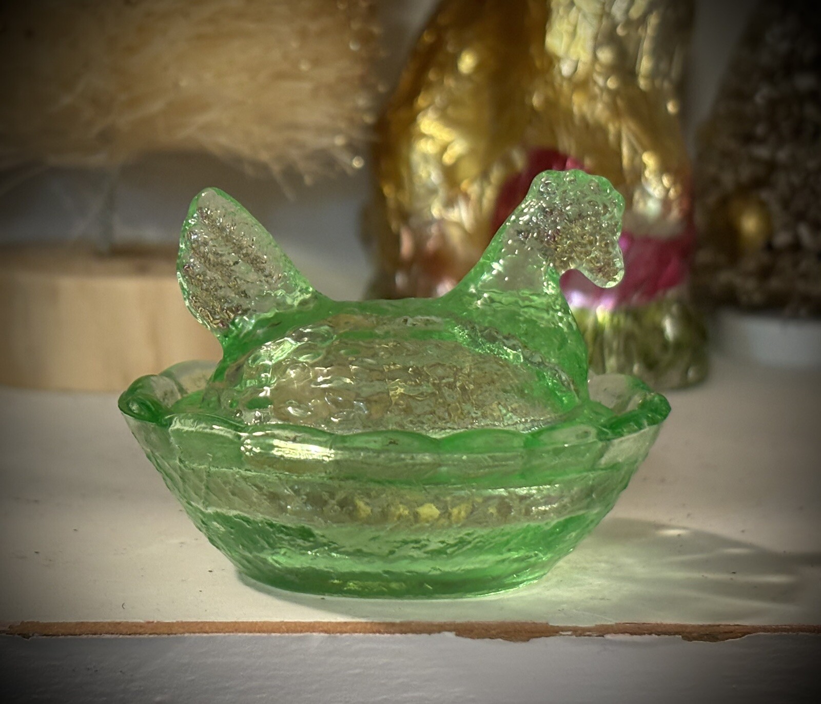 TINY Jadeite Green Glass Chicken Hen on Nest set only 2 1/2" EXC COND