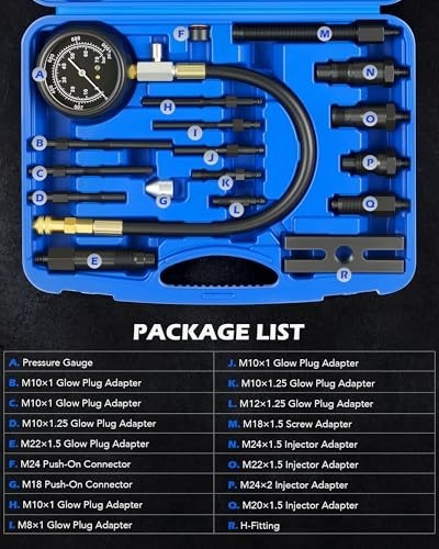 Diesel Engine Compression Tester Kit - 18pc Adjustable Pressure Gauge & Adapters