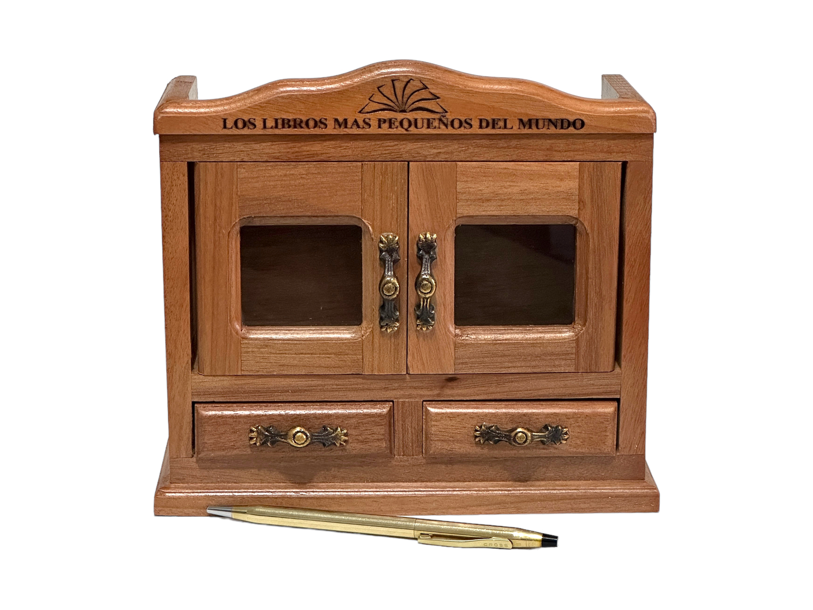 new Bookcase Armoire wood and glass, copper hinges for 7 mini books 7 inc high