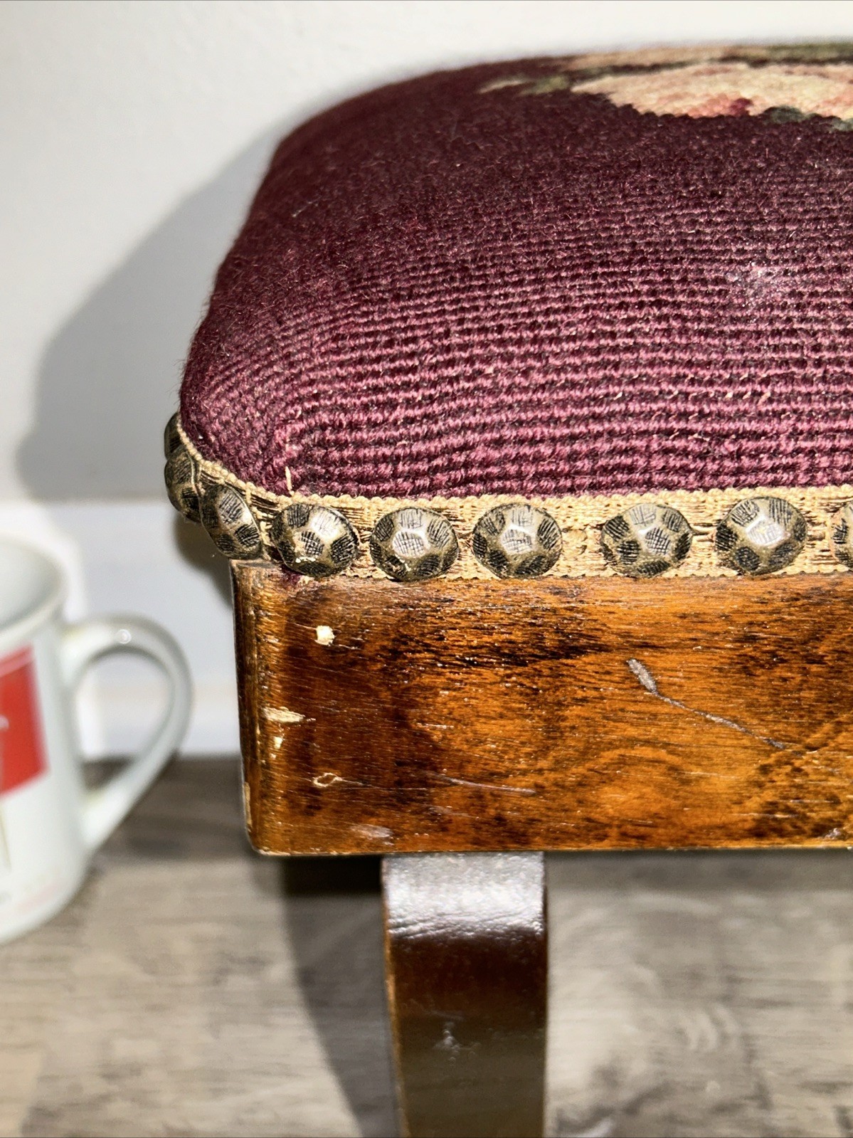 19thC Antique Victorian Stud Accents Footstool Floral Needlepoint Carved Walnut*