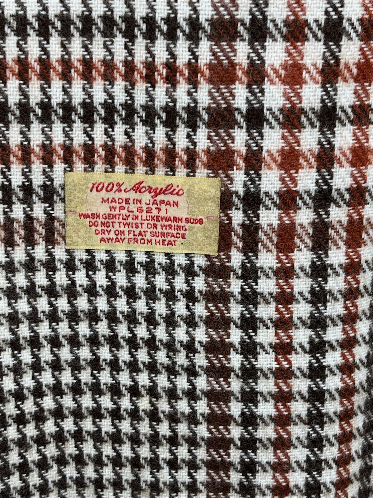 100% Acrylic Fringed Plaid 54" Scarf Tan Brown WPL5271 Vintage Made in Japan