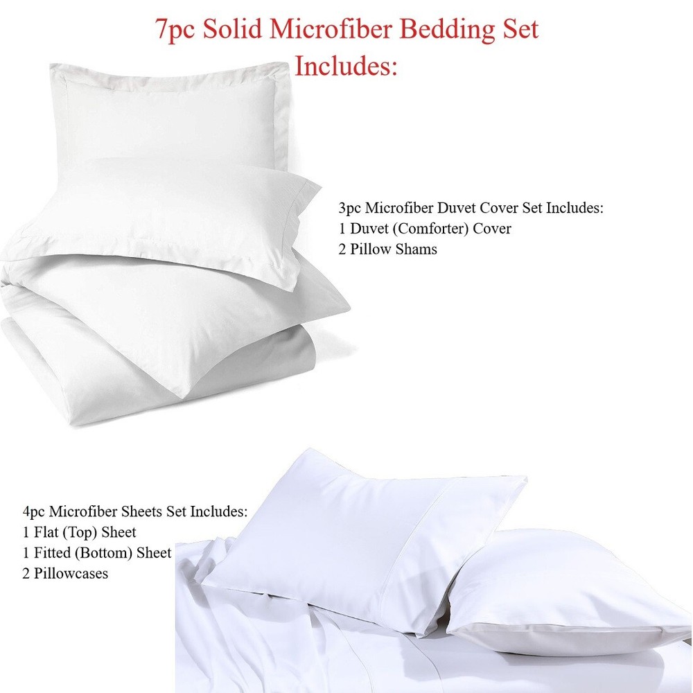 7pc Solid Microfiber Bedding Set- Duvet Cover Set with Matching Bed Sheets