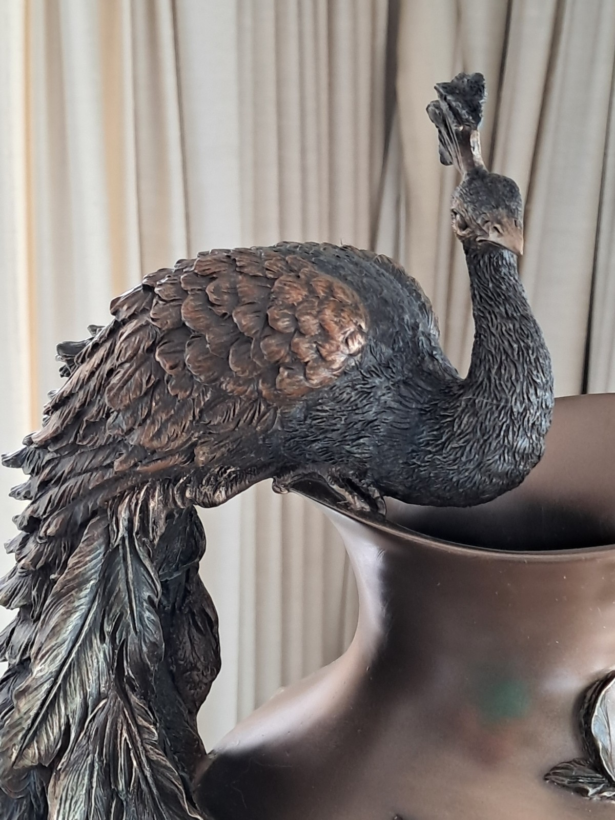 Bronze Style Prunus And Peacock Large Decorative Flower Vase ~ 19.5" Signed