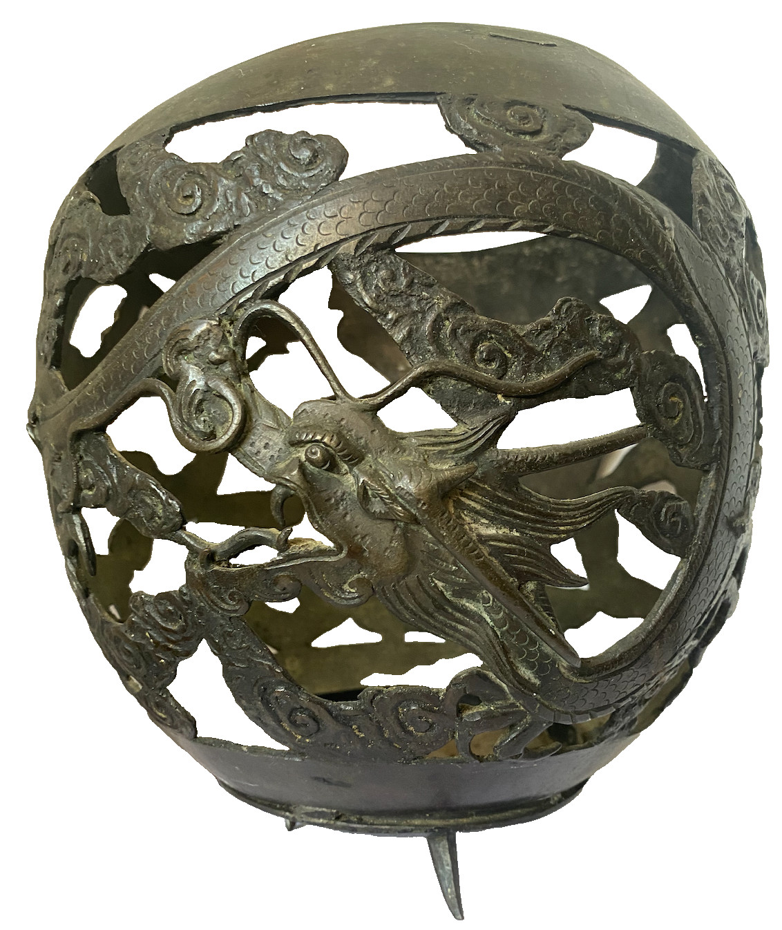 Antique Chinese Qing Dynasty Openwork Bronze with Dragon & Clouds 9” 4lbs c.1900