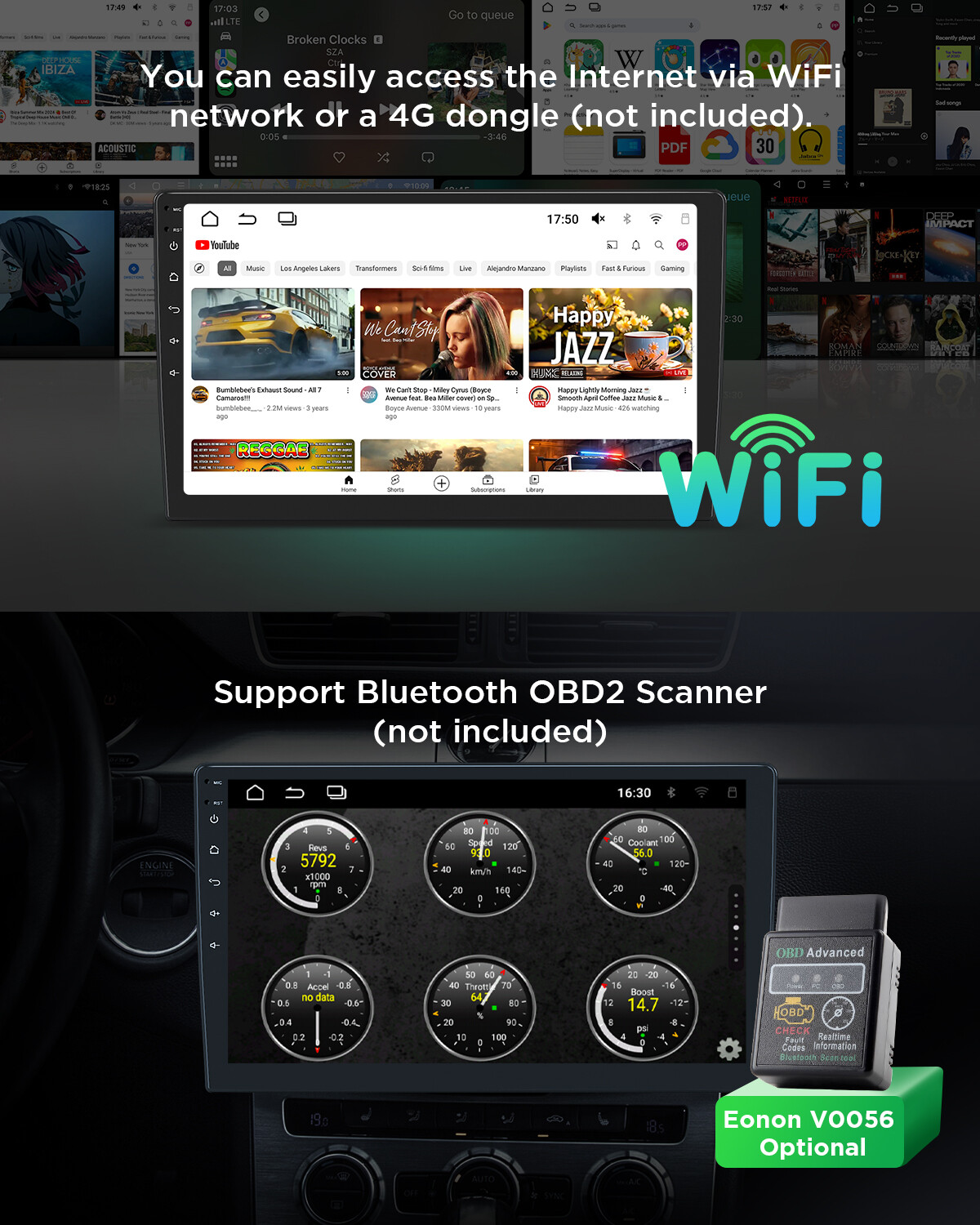 OBD2+In Dash Universal Double 2DIN 10.1" Car GPS Android 13 Stereo Radio CarPlay