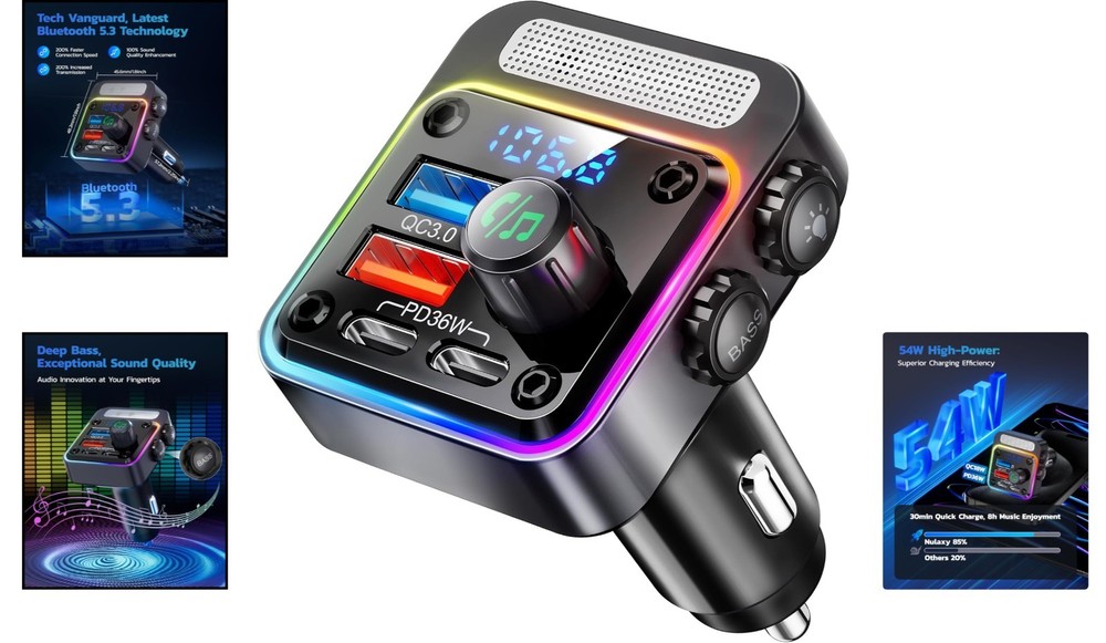 High-Power 54W Bluetooth Adapter with Multi-Color LED & Hands-Free Functionality