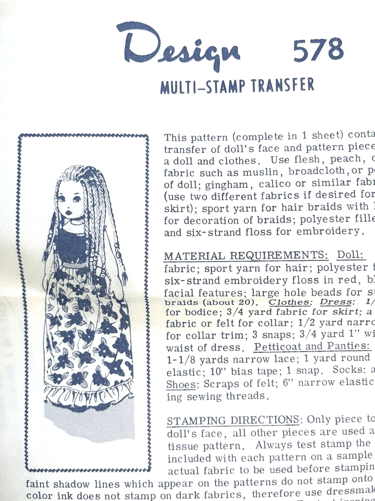 1950's Mail Order Doll and Clothes Multi-Stamp Transfer Pattern 578 Size 18 UNC