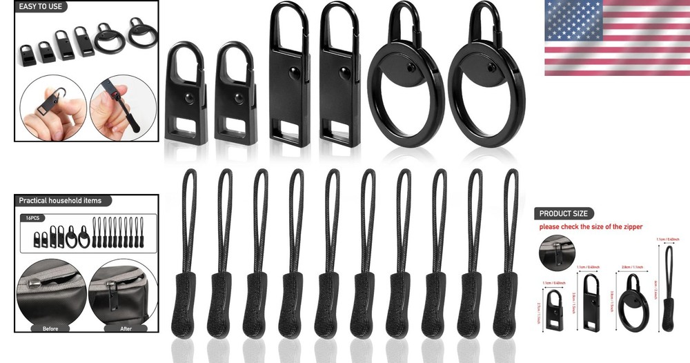 Durable Black Zipper Pull Tab Replacement Kit - Quick, Tool-Free Fix for Bags