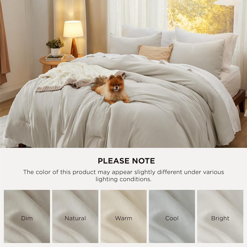 Oversized Queen Size Comforter Set, Beige Soft Prewashed Bedding for All Seasons