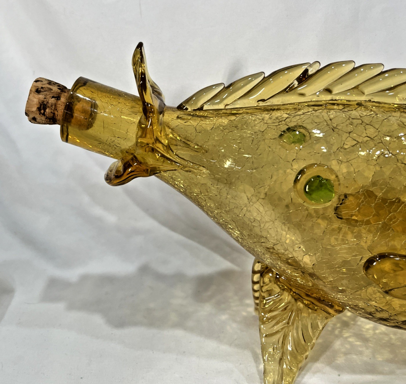 Vintage Amber Green Murano Crackle Glass Fish Decanter