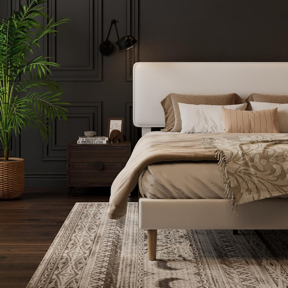 HAOARA King Size Upholstered Platform Bed Frame, PU Leather Adjustable Headboard