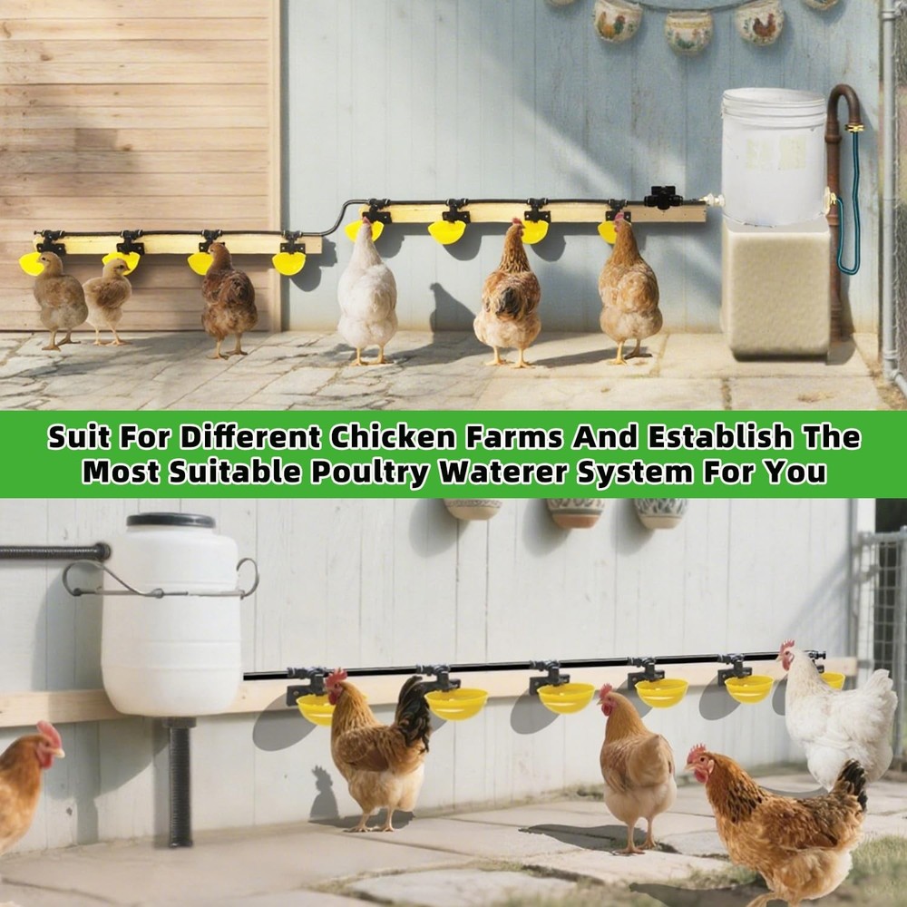 Chicken Waterer System Automatic Quick-Connect 18ft Pipeline 6Cup Yellow