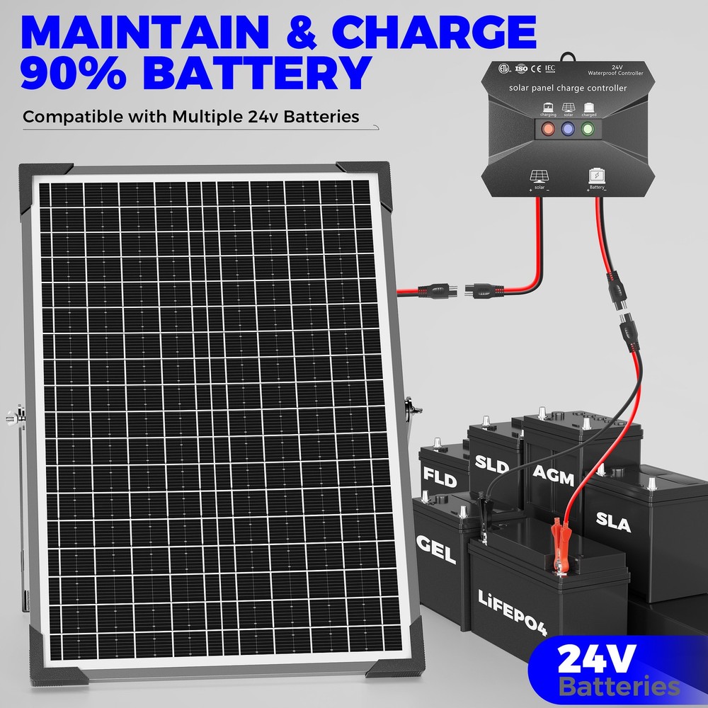 30W 24V Solar Battery Maintainer with MPPT Charge Controller Adjustable Bracket