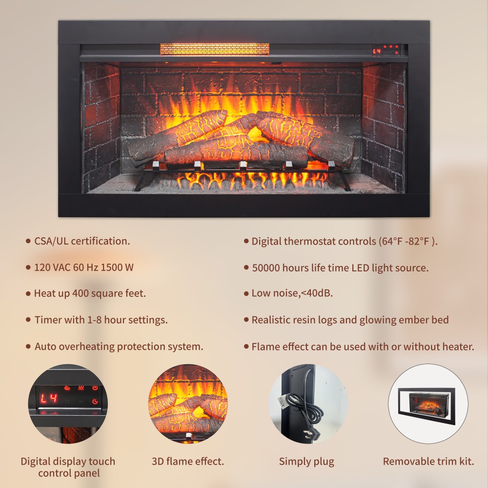 36" Infrared Electric Fireplace - Touch Panel Heater w/Removable Trim Kit Insert