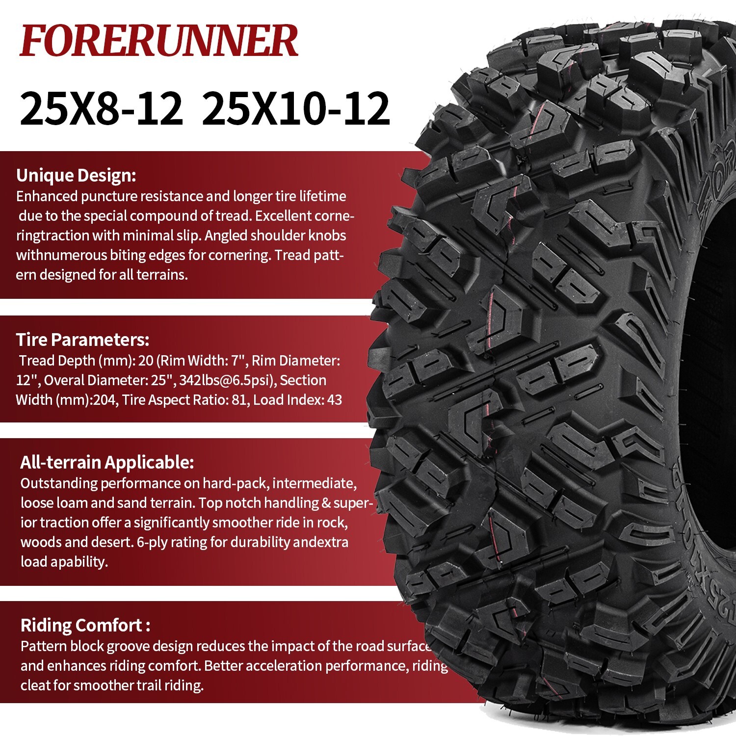 Set 4 ATV Tires 25x10-12 25x8-12 UTV All Terrain 6PR Heavy Duty 25x8x12 25x10x12