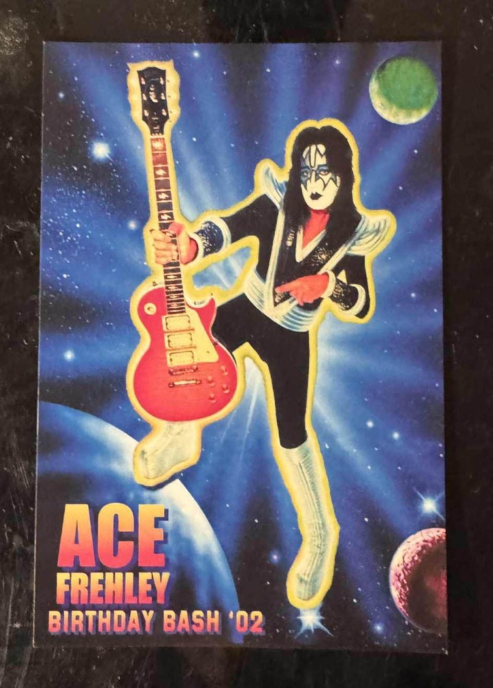 ACE FREHLEY 2002 BIRTHDAY BASH OFFICIAL POSTCARD, PENCIL, PICK, BALLOON SET RARE