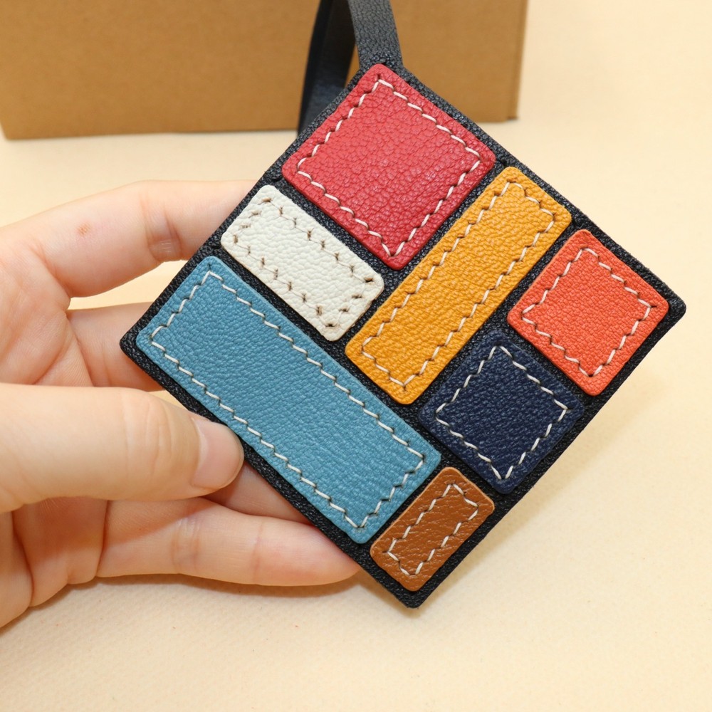 Handcrafted Multicolor Leather Geometric Art Bag Charm, Patchwork Design,Style B