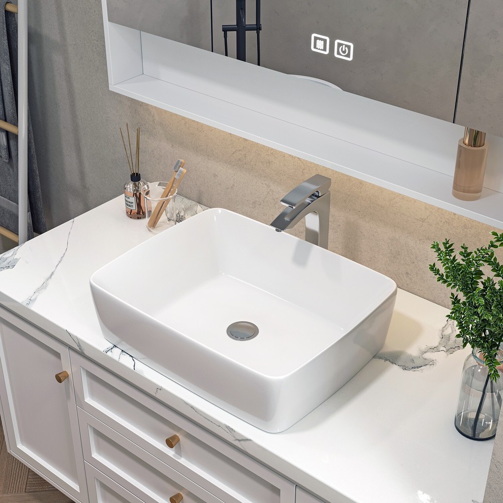 Sinber 19"x15" White Rectangular Ceramic Countertop Bathroom Vanity Vessel Sink