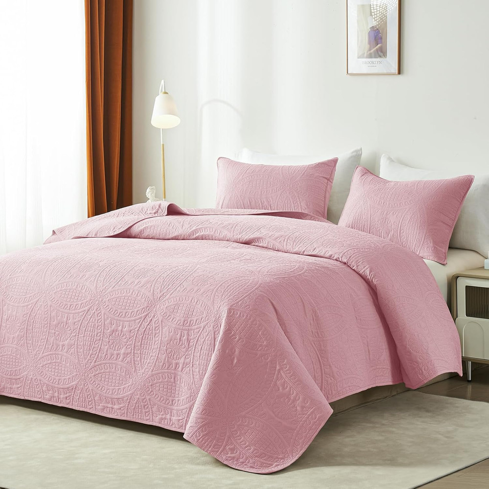 Full/Queen Quilt Set,Pink Lightweight Bedspread with Coin Pattern, Soft Microfib