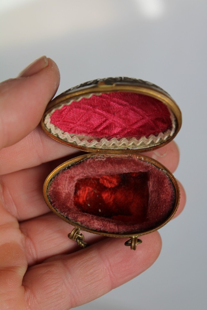 Antique 19th Century Painted Brass Egg Chatelaine Thimble Case w/ (2) Thimbles